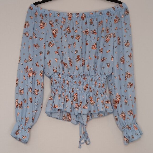 Women's No Comment Blue Floral Daisy Duke Southern Country Off Shoulder Sz Large - Picture 2 of 12
